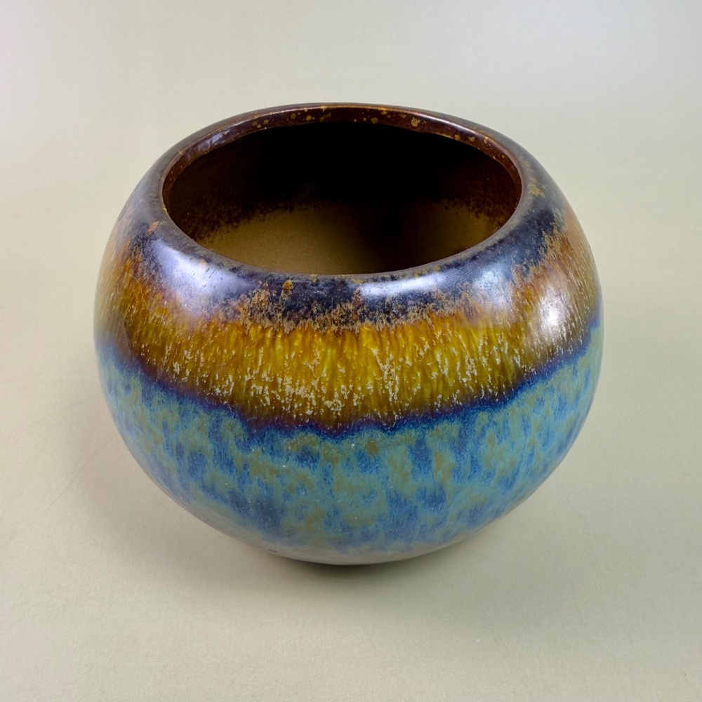 Vintage-Style Ceramic Bowl | Drip Glaze in Blue, Brown & Amber | 3.5” Tall